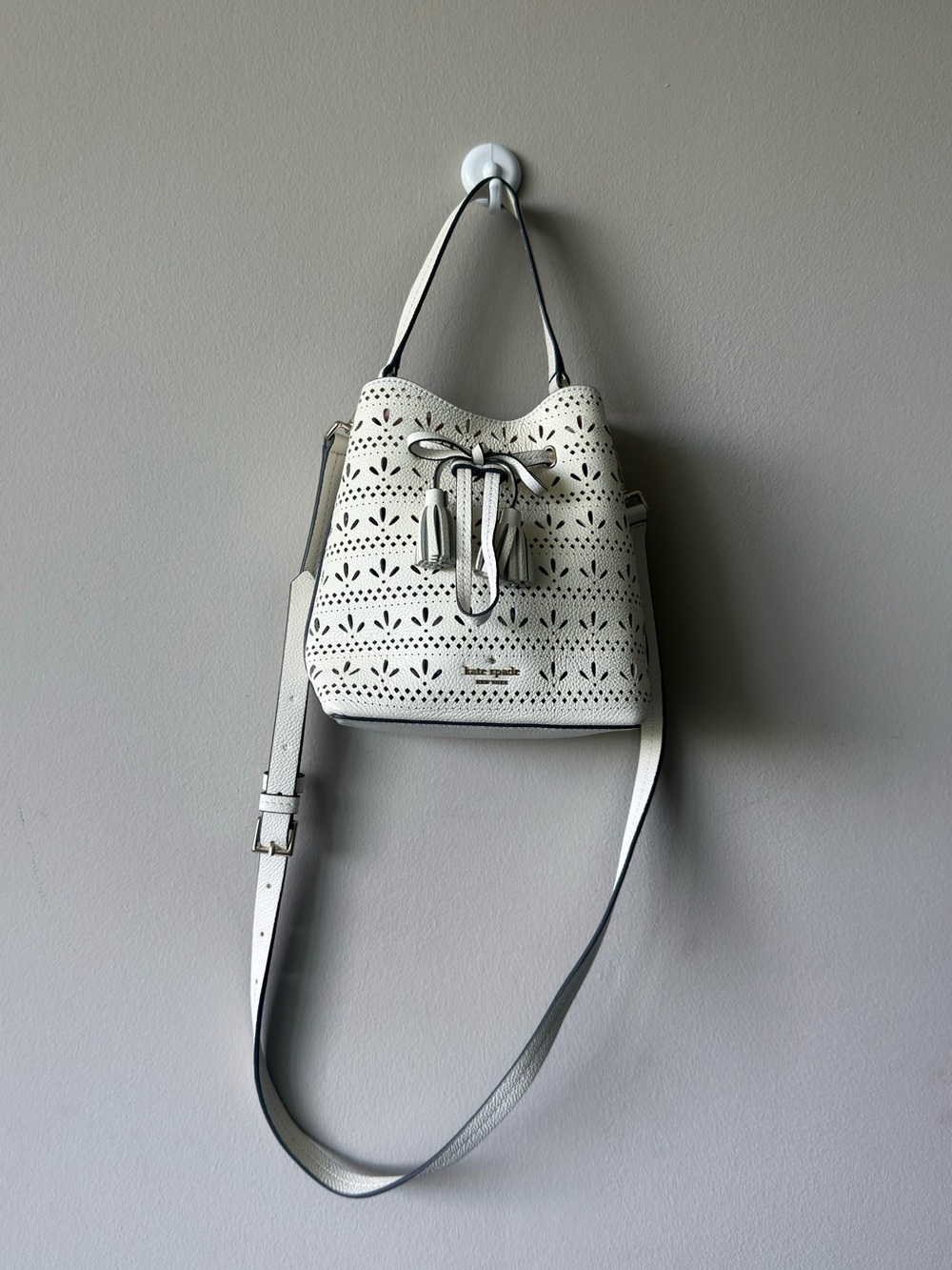 kate spade White Perforated Leather Drawstring Bucket Bag - Picture 2 of 11
